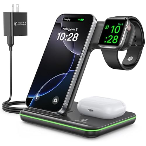 WAITIEE Foldable Wireless Charger for iPhone 17 16 15 14 13 12 11 X 8, 3 in 1 Charging Station for Apple Watch & for AirPods (Black)
