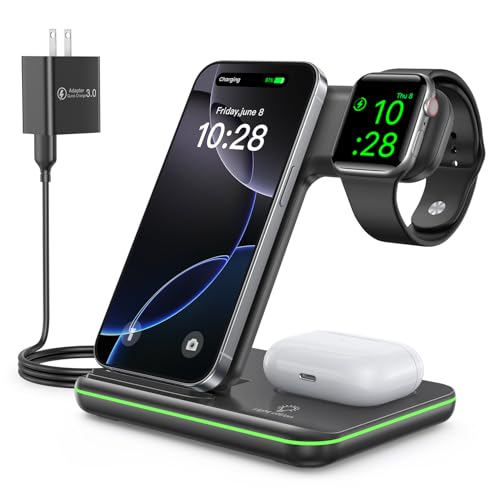 WAITIEE Foldable Wireless Charger for iPhone 17 16 15 14 13 12 11 X 8, 3 in 1 Charging Station for Apple Watch & for AirPods (Black) by WAITIEE - Used condition - US$16.18