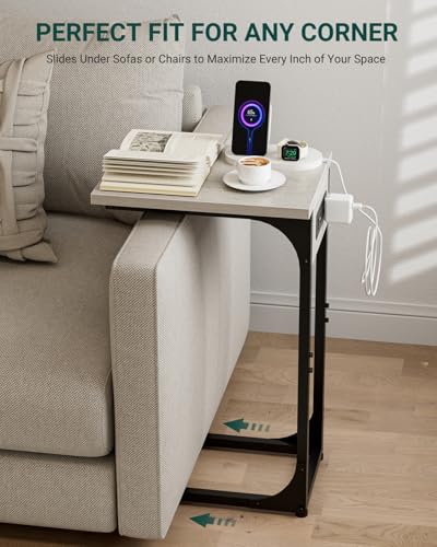Image of C-Shaped Side Table for Couch - Small Coffee Stand Sofa Tray Desk with Metal Frame Waterproof Scratch Resistant Wood Top and Built-in Charging Station, Greige