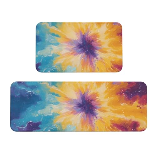 Colorful Tie Dye Print Kitchen Rugs Set 2 Piece for