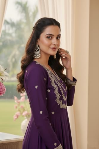 Image of Yashika Women's Silk Blend Embroidered Anarkali Kurta Set with Dupatta | Full Length Ethnic Wear for Women | Wedding