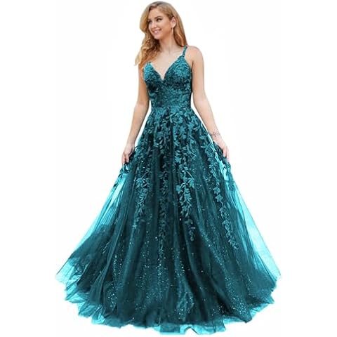 PEIYJYUSP Glitter Tulle Prom Dresses for Women Lace Appliques Long Ball Gwons with Spaghetti Straps A-Line Evening Dresses 2024 Peacock US0 Cover