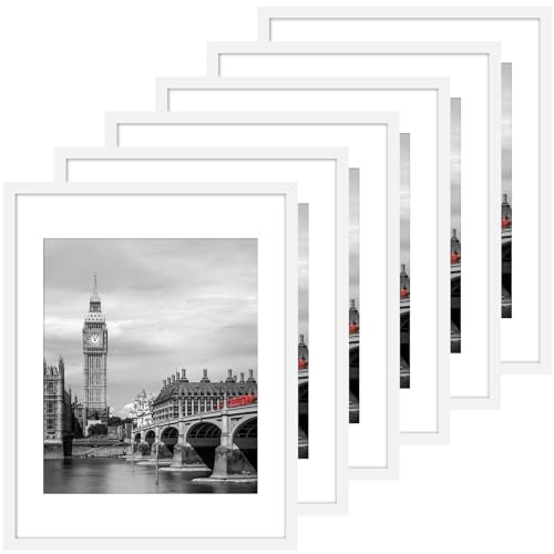 Fixwal 11x14 Picture Frame Set of 6 with Shatter Resistant Plastic Glass Thin Border and Light Weight Photo Frames for Wall White