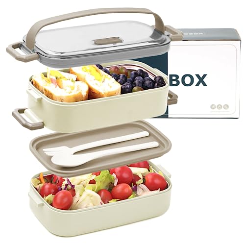 Bugucat Lunchbox 1400 ML, Bento Box Brotdose mit 2 Fächern und Besteckset, Frühstücksbox mit Griff, Brotzeitbox für Mikrowellen Spülmaschinen, Jausenbox Brotbüchse für Kinder Erwachsene, BPA-Freie