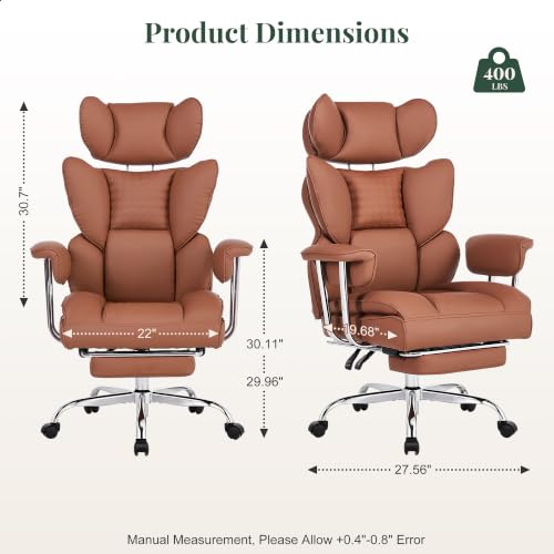 Image of Big and Tall Office Chair 400 LBS, Scratch-Resistant PU Leather Executive Ergonomic Desk Chair with Footrest, Lumbar Support, Wide Reclining Computer Seat for Home Office, Brown