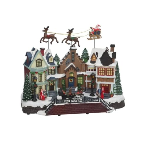 DRW Pueblo navideño con Casas y Trineo con Papa Noel con Movimiento, Musica y Luces 39X31X19 cm