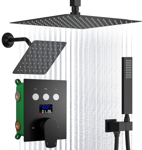 WHSHOWER Dual Shower Heads Shower System with 12 Inch Ceiling Rainfall Shower Head and 8 Inch Side Shower Head Digital Display Shower Fixtures Luxury Shower Faucet Set,Matte Black