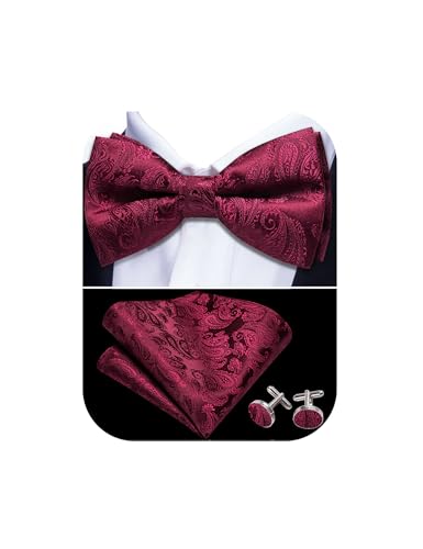 Barry.Wang Herren Paisley Seide Vorgebundene Fliege Set Einstecktuch und Manschettenknöpfe für Hochzeiten und formelle Veranstaltungen, 01 Burgunderrot Fashion Paisley, Einheitsgröße