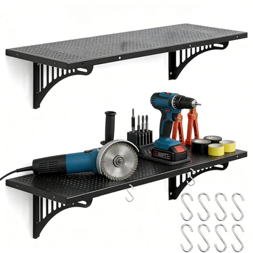 SRECELL Heavy Duty Garage Wall Shelves 4 Pack, Metal Floating Storage Rack 2120 lbs Total Capacity, Wall Mounted Shelving with Hooks for Garage, Workshop, Tool Storage