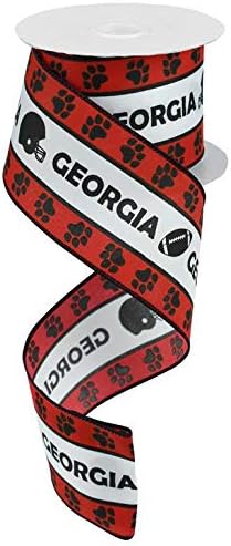 Georgia Print Wired Ribbon Footballs Helmets and Paws for Wreaths Floral Arrangements Gift Wrapping Crafting Red/White/Black, 2.5 Inch x 10 Yards Roll, 1 Roll Per Package
