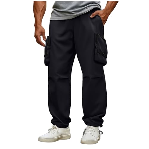 Mens Baggy Cargo Pants Elastic Waist Wide Leg Drawstring Tapered Trousers 2025 Workout Joggers with Zipper Pockets