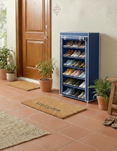 Image of Blue Shoe Rack with Cover | Plastic Rack 6 Shelves with Zip Cover & Side Pockets | Dustproof Multiuse Storage Organizer for Footwear, Shoe Rack Plastic, Slipper Stand
