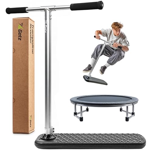 X-GETZ PRO Trampolin Stunt Scooter für Kinder & Erwachsene - Tricks sicher üben drinnen & draußen - Leichter & langlebiger Freestyle-Scooter ohne Rad - Verstellbarer Lenker - Silber