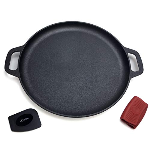 Cast Iron Pizza Pan 138 Pre-Seasoned Baking Pan Cooking Griddle for Stove Grill BBQ and Oven - Including Silicone Hot Handle Holders and Scraper