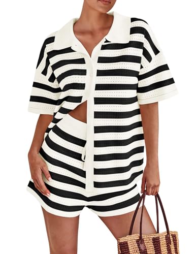 Image of PRETTYGARDEN Women's 2 Piece Shorts Sets Casual Summer 2025 Short Sleeve Striped Sweater Set Matching Beach Vacation Outfit