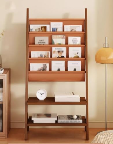 Tall Floor Standing Magazine Rack - Large Brochure Display Stand with Mounting Kit - Reading Book Holder for Kids, Seniors - Easy Installation (Brown, 64cm/25in)