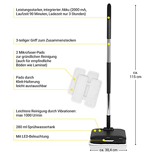 N8WERK Bodenwischer mit Vibrationsfunktion in der Midnight Black Edition | LED-Beleuchtung & 2 Mikrofasertücher, Maße (L x B x H): 115 x 27,5 x 30,4 cm – Bild 3