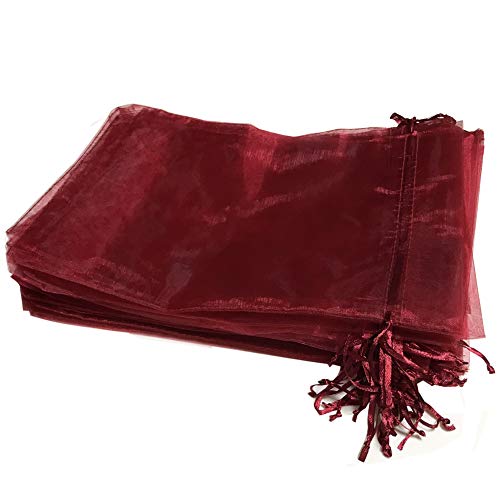Image of ATCG 50pcs 8x12 Inches Large Sheer Organza Drawstring Pouches Decoration Festival Wedding Party Favor Gift Candy Toys Makeup Bags (Burgundy)