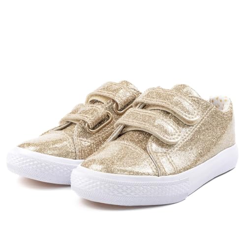 waddle wonder Toddler Shoes for Unisex-Child Princess Glitter Fashion Hook and Loop Easy On & Off Double Strap Laceless Casual Sparkly Sneaker Gold Size 7