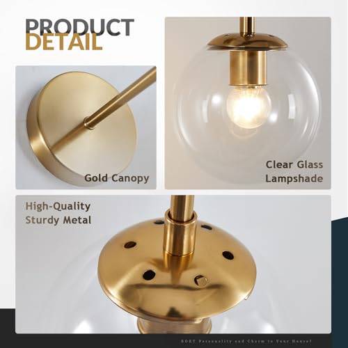Image of BOKT Mid Century Modern Globe Wall Sconce Lighting Brushed Brass Gold Bathroom Wall Lights Clear Bubble Glass Ball Wall Light Fixture Lamp Bedroom Bedside Wall Light (Gold+Clear)