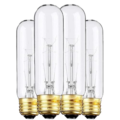 Weyolin Edison Light Bulbs 120V E26 Base T10 Tubular Bulbs 25W Clear Incandescent Warm White Dimmable Vintage Tubular Style Showcase Bulb (4-Pack)