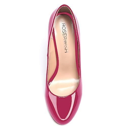 ROSERWISH Womens Comfortable Fashion Patent Party Slip On Round Toe Block High Heel Pumps Shoes 3.3 Inch3