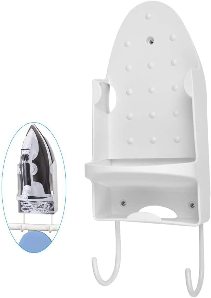 U-HOOME Iron Wall Mount Ironing Board Hanger, Iron Rack Wall Mounted Ironing Board Storage Organizer for Holding Iron and Ironing Board, Iron Wall Mount with Attached Ironing Board Hooks (White)