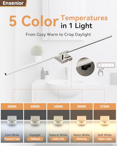 Image of Ensenior Modern Brushed Nickel Bathroom Vanity Light 48 inch, Built-in Dimmer, 2100LM Dimmable 5CCT Led Bath Lights, Bar Vanity Light for Bathroom Mirror Cabinets Bedroom-FCC & ETL Certificated
