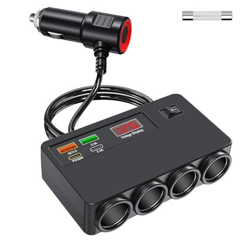 12V/24V Multi Prise Allume Cigare de Voiture, Qidoe 120W Chargeur Allume Cigare 4 Prise PD 3.0 & QC 3.0 avec Interrupteur LED Voltage Charge Rapide pour Tablette/Phone/Dash Cam