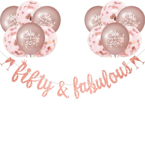 Rose Gold 50th Birthday Decorations Women Fifty and Fabulous Rose Gold Glitter 50thBirthday Banner Happy 50th Birthday Balloons Confetti by RichMoho