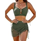 ZWDC Bikini Set Damen Zweiteilig V Ausschnitt Raffung Badeanzug mit Rock Bauchweg Bademode Sexy Strandmode Schwimmset Gepolstert Ohne Bügel Triangel Top für Sommer Strand Urlaub Strandparty