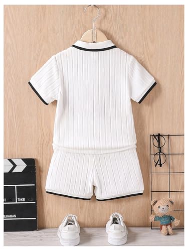 Image of RoseSeek Boy's 2 Piece Summer Outfits Ribbed Knit Color Block Short Sleeve Golf Shirt and Track Shorts Sets White 5Y