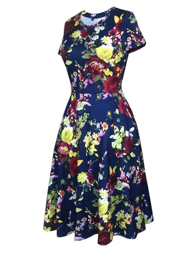 Image of oxiuly Women Casual Dress Round Neck Soft Cotton Floral A-Line Midi Summer Dresses with Pockets OX262