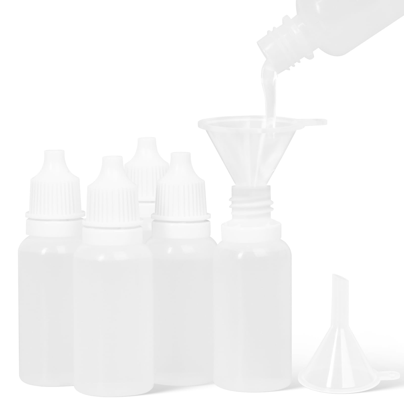 7 PCS 15ml/0.5oz Empty Dropper Bottles (5 Bottles + 2 Funnels), White Plastic Squeeze Dispensing Bottles with Plug & Cap, Refillable Travel Containers for Eye/Ear Drops, Oils, Serums