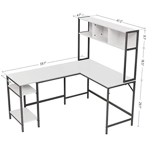 Cubiker L-Shaped Desk With Hutch, 60" Corner Computer Desk, Home Office Gaming Table With Storage Shelves, Space-Saving, White #TOP2