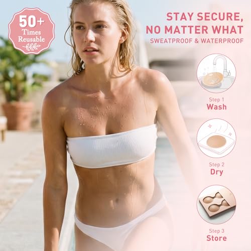 Image of Nipple Covers for Women 4 Pairs Sticky Silicone Reusable Pasties No Show | 50x Reusable Bra, Hypoallergenic, All-Day Comfort. Discreet Skin-Tone Coverage for Tight Clothes, Swimsuits & Activewear