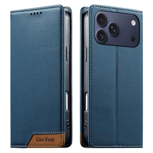 Étui iPhone 17 Pro Max Bleu portefeuille housse clapet cuir magnétique de qualité
