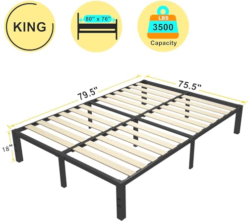ROIL 45,7 cm Kingsize-Bettgestell aus Holz mit Holzlatten – 1587 kg, strapazierfähig, keine Boxspring erforderlich, Metallplattform, Matratzenstopper, geräuschfreies Bügeln, Bettgestell, Kopfteil-Loch – Bild 4