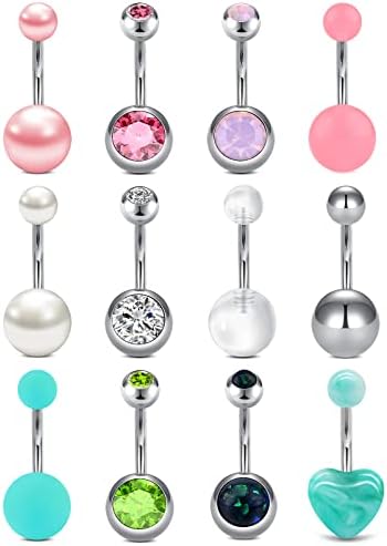 FECTAS Pack of 12 Belly Button Rings 14G 10mm Navel Bars Set Stainless Steel Piercing Jewellery Silver Pink Blue