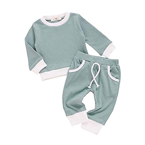 Newborn Baby Girl Boy Cute Clothes Long Sleeve Solid Knitted T Shirt Pullover Tops Drawstrings Pants Cute Ribbed Fall Winter Outfits Set (6-12 Months, PP - Green)
