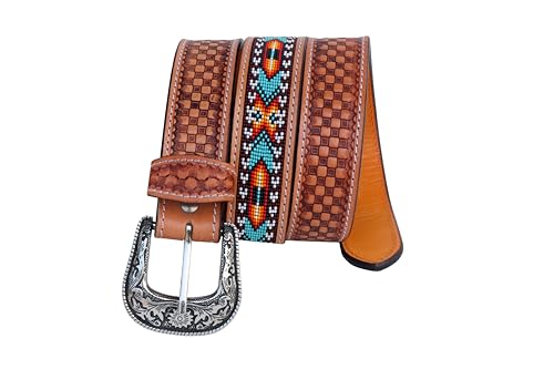 Western Leather Beaded Belt Tooled Leather Beaded Belt For Men and Women 30AB0093
