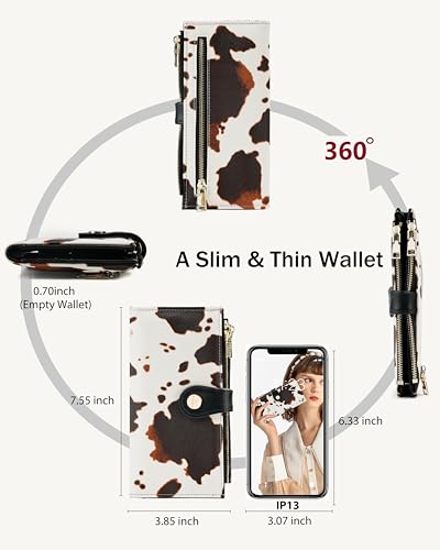 Image of Cow Women's Slim Wallet,Thin RFID Card Holder with Zipper Pocket | 12 Slot Wallet Organizer, Large Capacity, Vegan Leather, Coin Purse, Cash Compartment, Travel Wallet, Women Gift