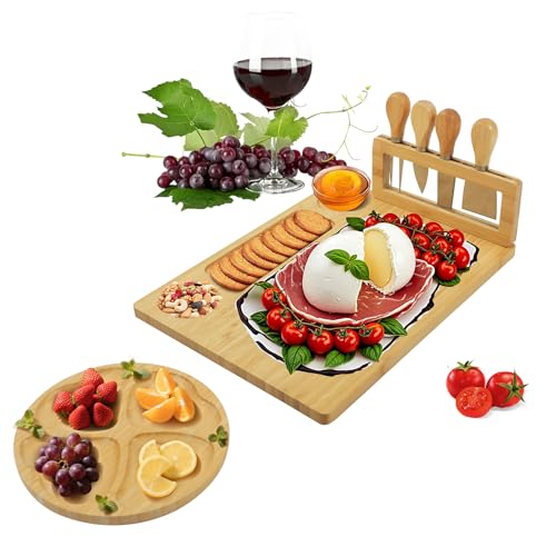 EMKARUNA Tagliere Formaggi con 4 coltelli e Vassoio Rotondo per Frutta, Set Aperitivo Regalo per Chef, casa nuova, Festa del Papa, Regalo Natale, Feste Compleanno, Donna, Uomo, Genitori, Amici