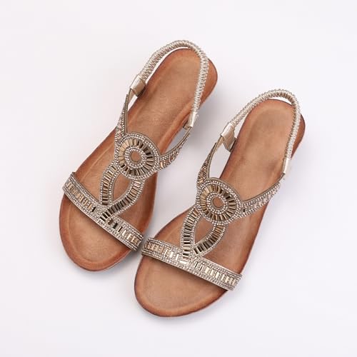 FRALOSHA Wedge Sandals for Women Dressy Elastic Ankle Strap Rhinestone Casual Summer Low Heel Comfortable Shoe3
