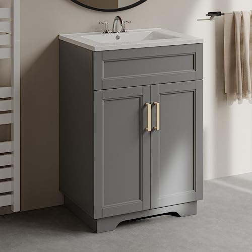 XM-ICE Bathroom Vanity with Ceramic Sink, Quickly Assemble 24\" Free Standing Bathroom Sink Cabinet with Wooden Frame, Grey - Thumbnail 7