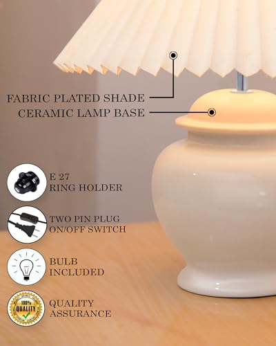 Image of Homesake Ceramic Table Lamp for Bedroom Living Room,Incandescent,Modern Pleated Lampshade Bedside Light,Nightstand for Home Office,Minimalist Nordic Style Accent Lighting Decor,White Pleated Shade