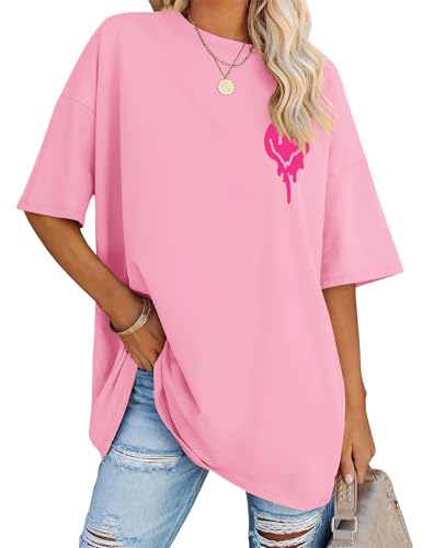 Rapbin Women's Oversized T-Shirt Smiley Face Print Cropped Crew Neck Casual Summer Loose Fit Ladies Tops (Pink, 22-24)