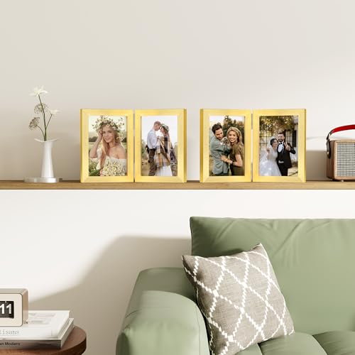 decorUhome Double 5x7 Picture Frame Vertical, Engineered Wood Bifold Photo Frame with Plexiglass for Tabletop Display, 5x7, Gold