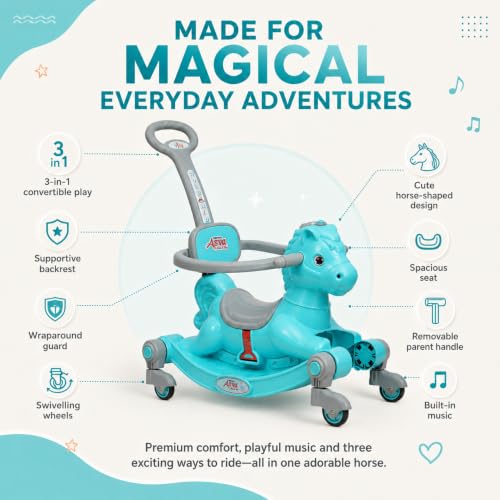 Image of 3 in 1 Baby Horse Rider for Kids 1-5 Years with Parent Handle, Rocking Horse, Ride On Toy, 360 Safety Guard, Music, Swivel Wheels, Backrest, Baby Ride On for Boys & Girls (Cyan)