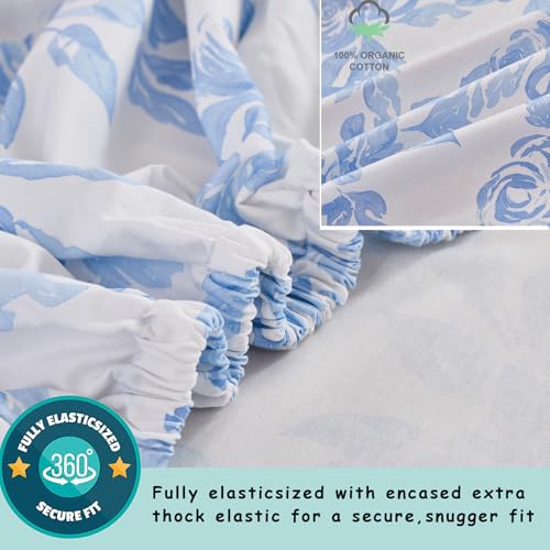 Image of Brandream Organic Crib Fitted Sheets for Baby Girls, Cottagecore Fitted Crib Sheet for Standard Crib and Toddler Mattress Super Soft 100% Cotton Baby Sheet French Country Blue Coquette Bow Rose Print